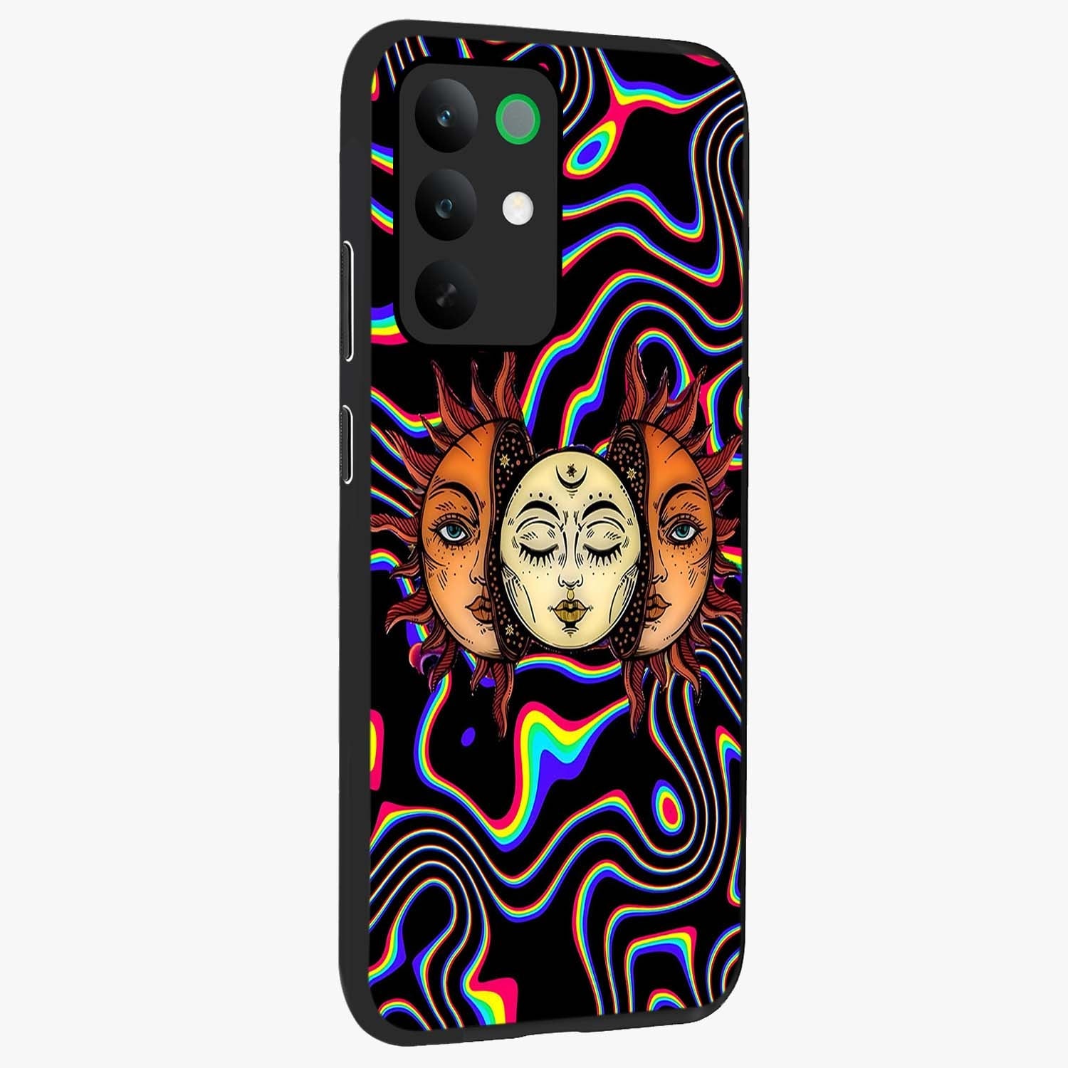 Psychedelic Sun Glass Case upright view showcasing trippy sun artwork with bold psychedelic theme.
