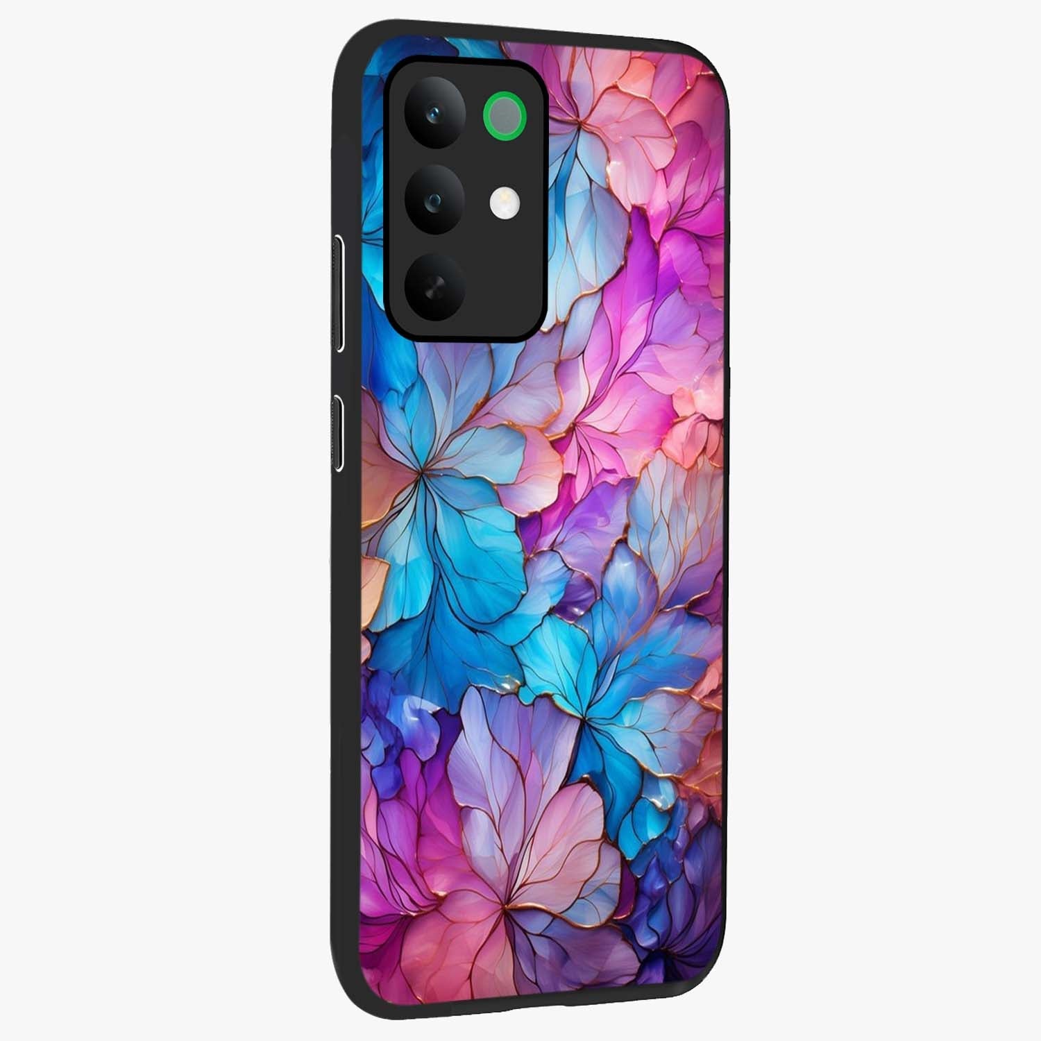 Radiant Floral Whirl Glass Case upright view showcasing lively floral artwork with decorative swirl theme.
