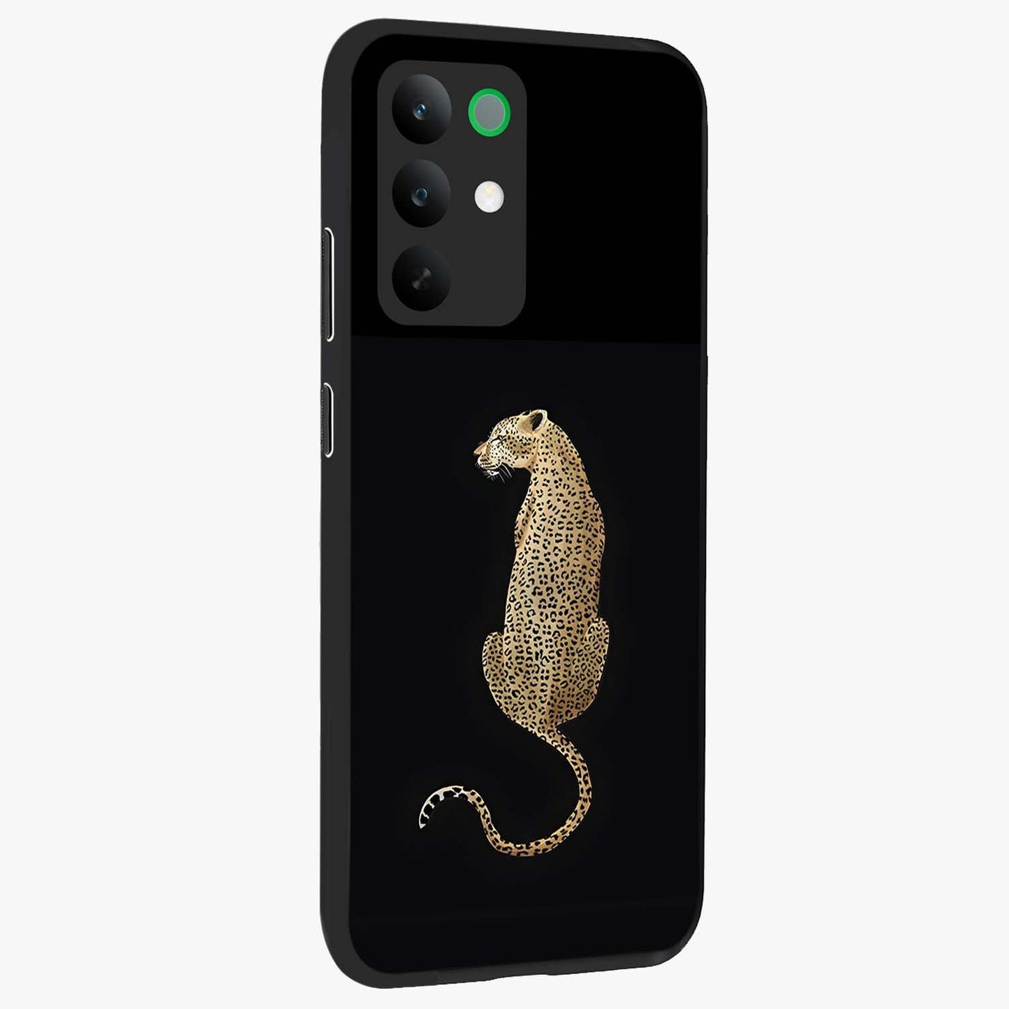 Regal Leopard Glass Case upright view showcasing striking leopard artwork with fierce wildlife theme.