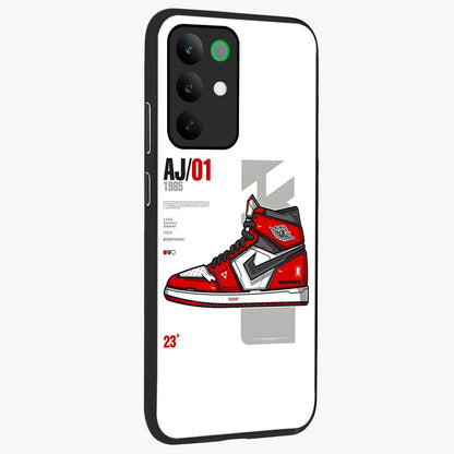 Retro Sneaker Blueprint Glass Case upright view showcasing stylish sneaker illustration with vintage streetwear theme.