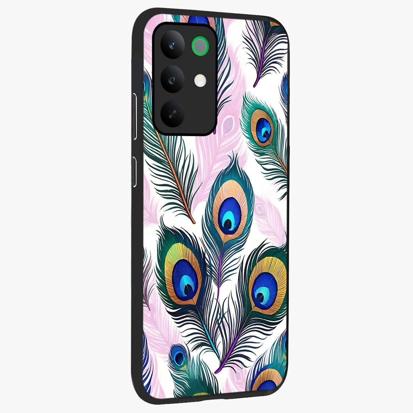 Royal Peacock Feathers Glass Case upright view showcasing elegant peacock feather artwork with decorative royal theme.