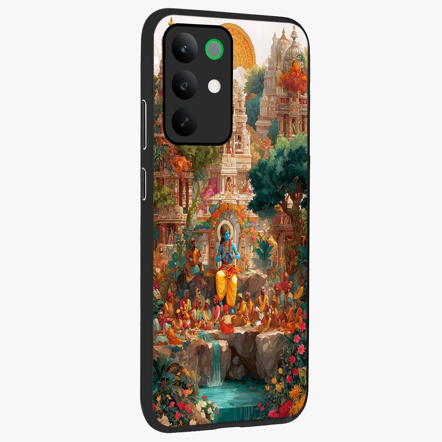 Sacred Sunlight Gods Glass Case upright view showcasing glowing divine artwork with sacred mythological theme.