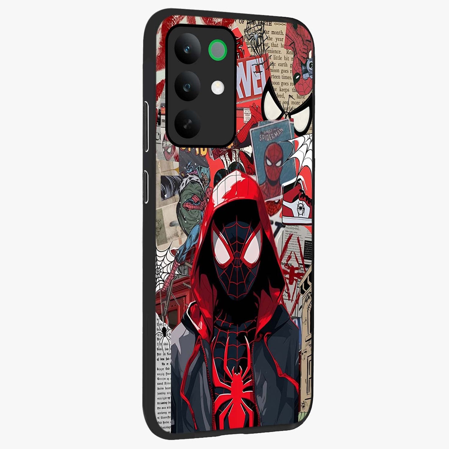 Spider Collage Street Glass Case upright view showcasing bold superhero artwork with urban street theme.