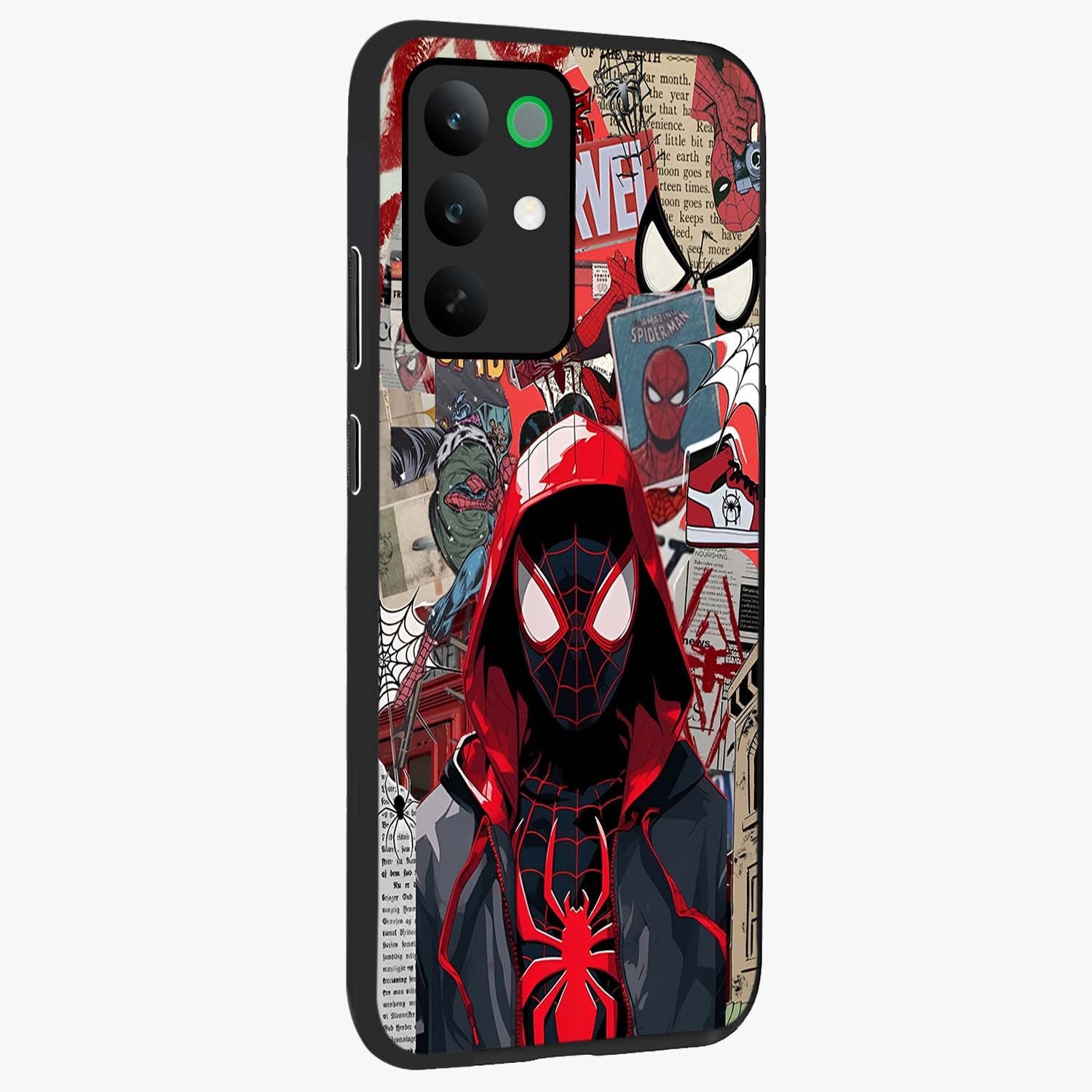 Spider Collage Street Glass Case upright view showcasing bold superhero artwork with urban street theme.