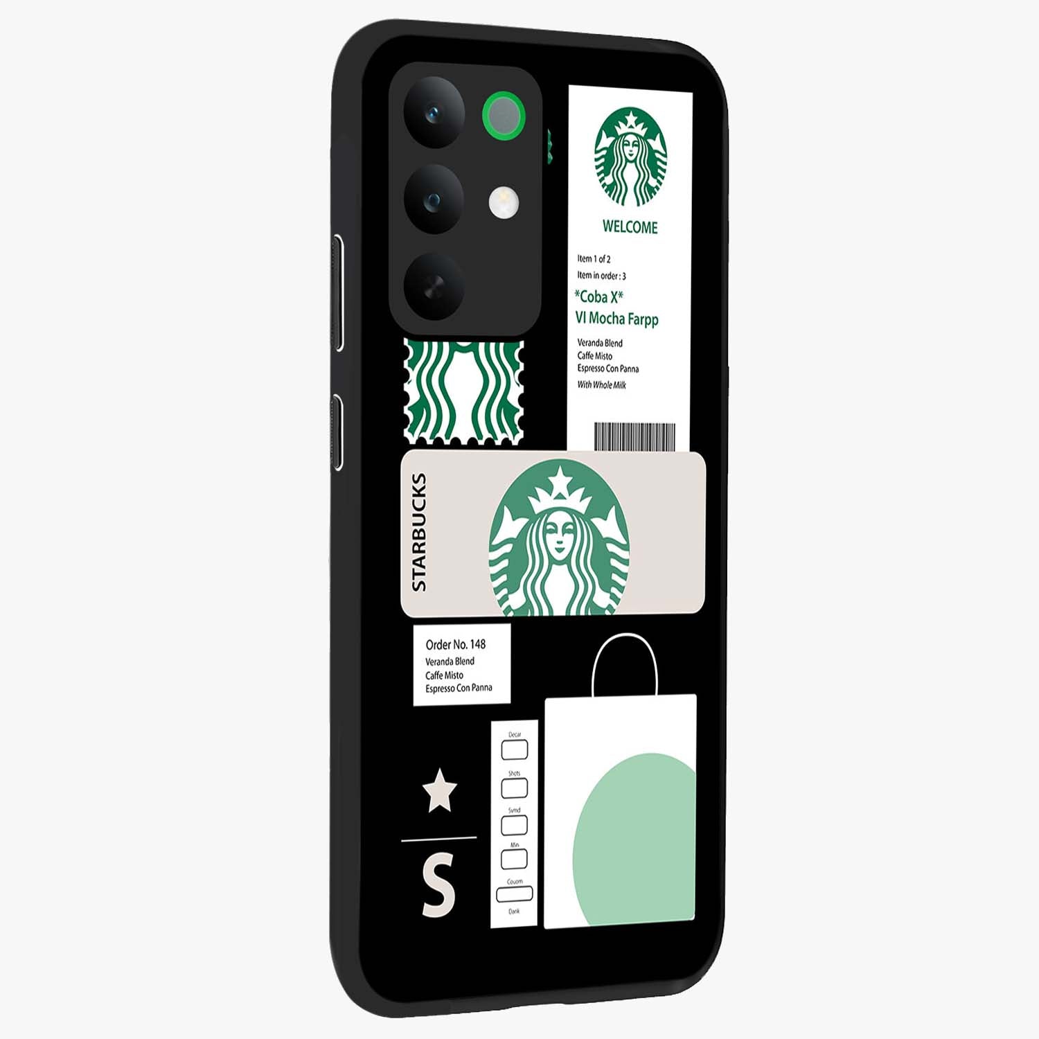 Starbucks Mocha Glass Case upright view showcasing trendy coffee inspired artwork with modern lifestyle theme.