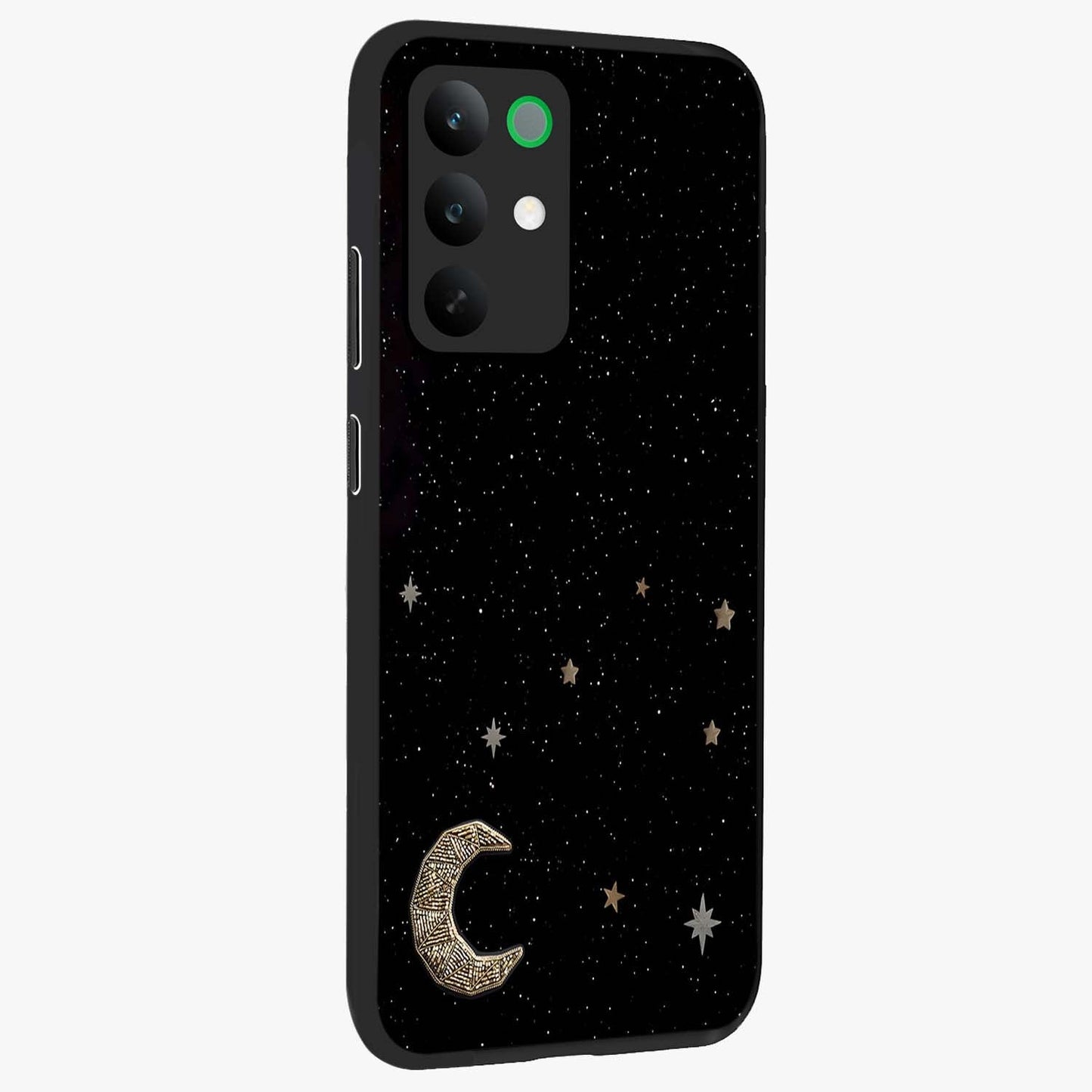 Twinkle Star With Half Moon Glass Case upright view showcasing glowing cosmic artwork with dreamy night theme.