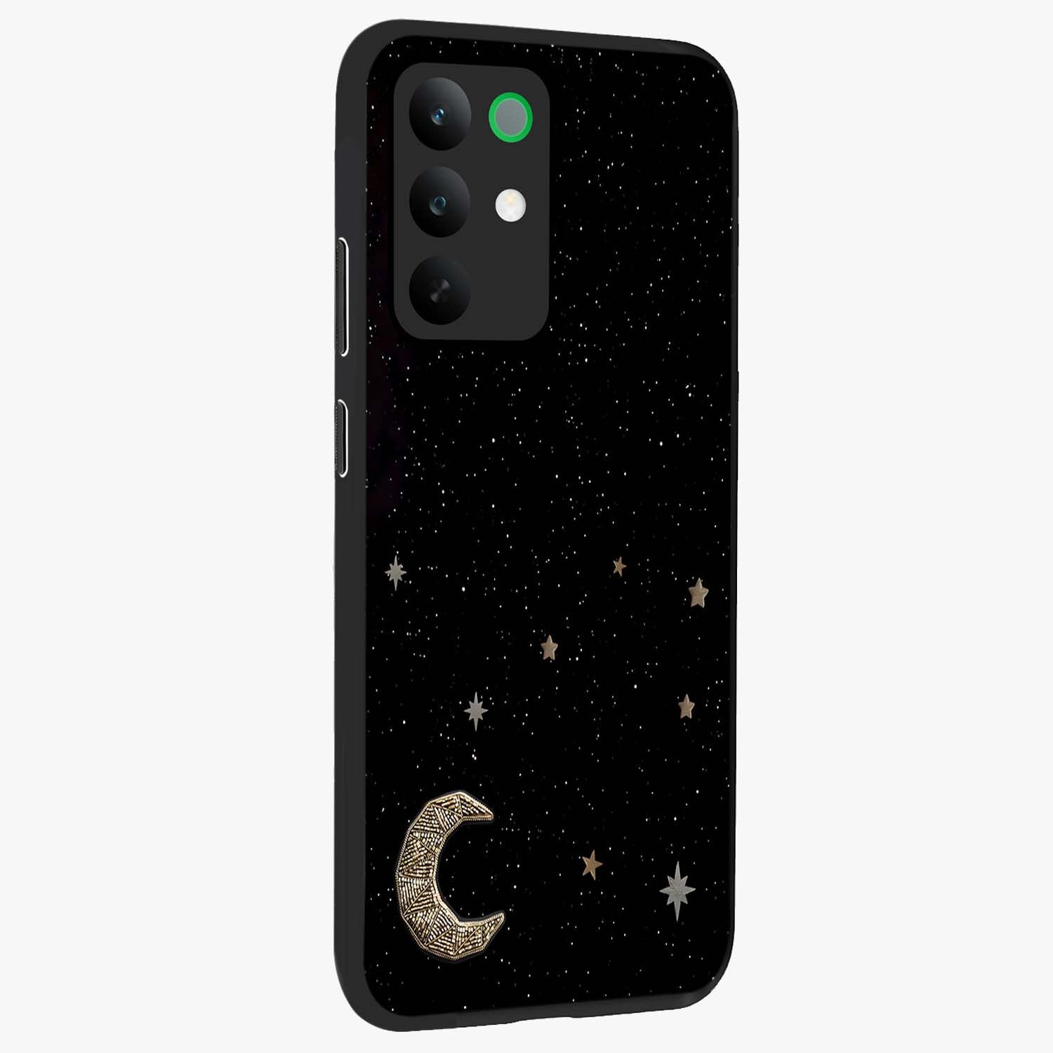 Twinkle Star With Half Moon Glass Case upright view showcasing glowing cosmic artwork with dreamy night theme.