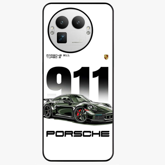 911 Turbo Dominance Glass Case showing clean flat back view with bold 911 sports car artwork and glossy glass finish.