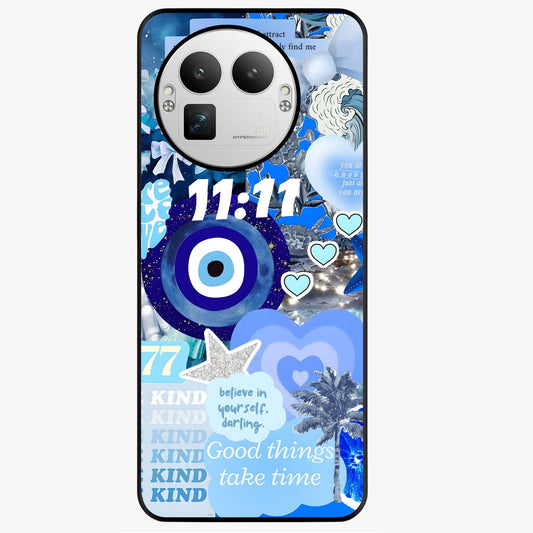 Aesthetic Be Kind Eye Glass Case showing flat back view with motivational eye artwork and glossy glass finish.