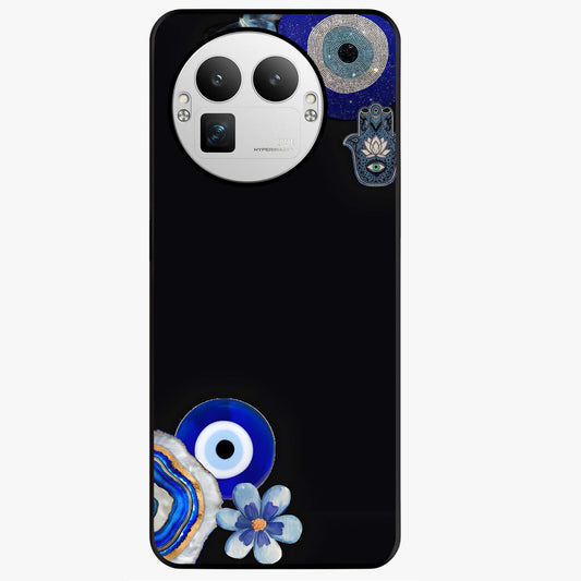 Aesthetic Blue Evil Eye Glass Case showing flat back view with protective evil eye artwork and glossy glass finish.