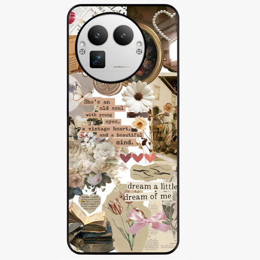 Aesthetic Brown Vintage Collage Glass Case showing flat back view with retro collage artwork and glossy glass finish.