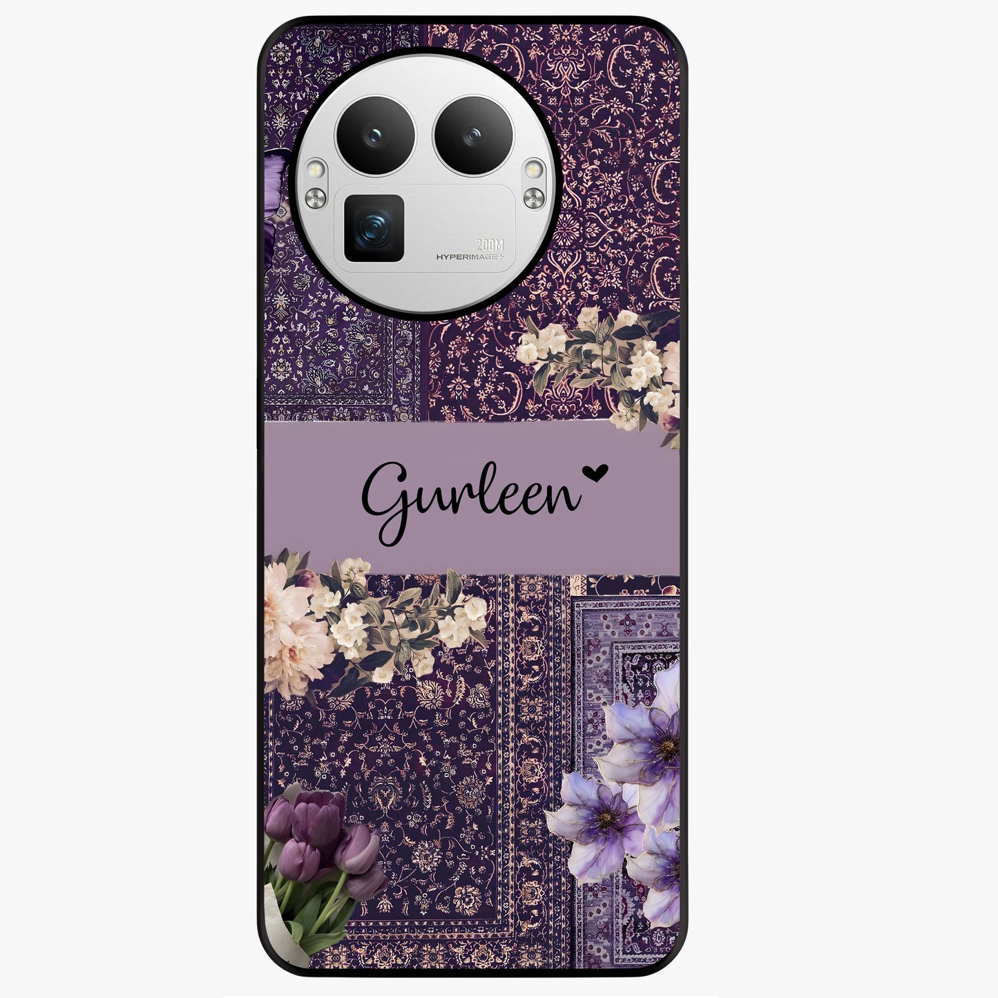 Antique Floral Whisper Custom Name Glass Case showing flat back view with vintage floral artwork and personalized name design.