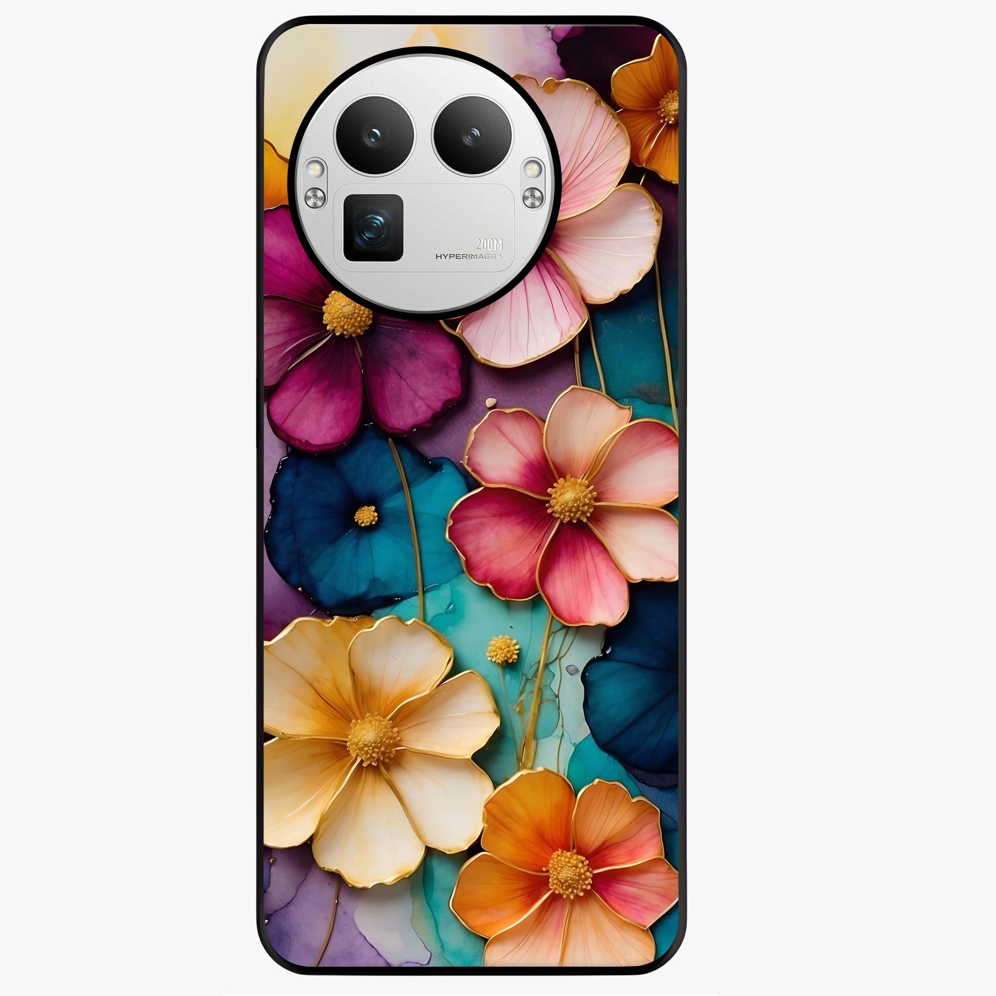 Artlyn Grace Flower Pattern Glass Case showing flat back view with elegant floral pattern artwork and glossy glass finish.