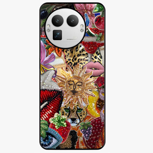 Beaded Fashion Jungle Glass Case showing flat back view with vibrant jungle inspired bead artwork and glossy glass finish.
