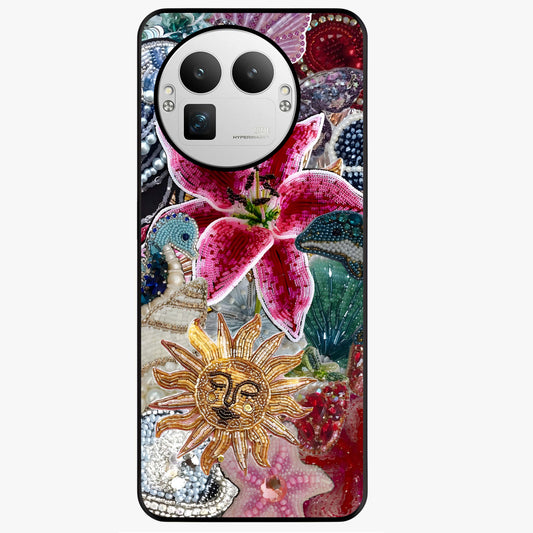 Beaded Garden Fantasy Glass Case showing flat back view with dreamy garden bead artwork and glossy glass finish.