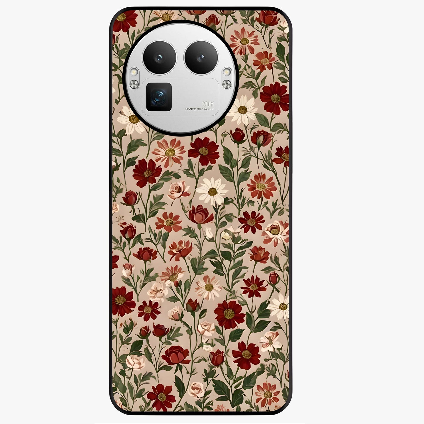 Biege Flower With Leaf Glass Case showing flat back view with soft beige floral artwork and glossy glass finish.
