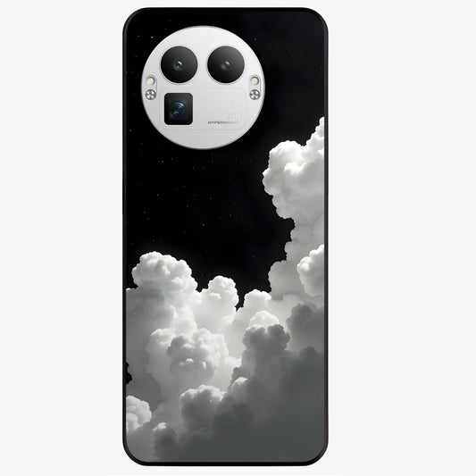 Black Background With White Cloud Glass Case showing flat back view with minimal cloud artwork on dark background and glossy glass finish.