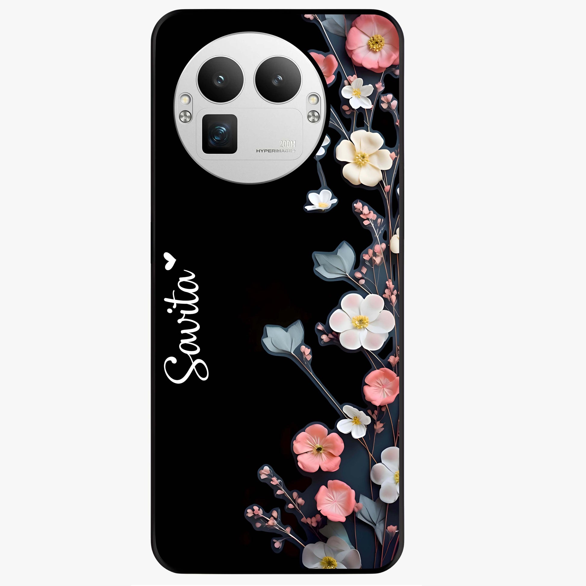 Black Elegance Floral Custom Name Glass Case showing flat back view with elegant floral artwork and personalized name design.