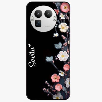 Black Elegance Floral Custom Name Glass Case showing flat back view with elegant floral artwork and personalized name design.
