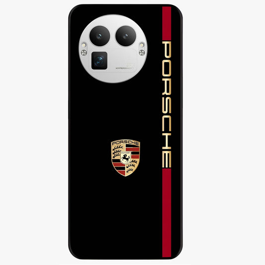 Black Minimal Porsche Glass Case showing flat back view with sleek minimal sports car artwork and glossy glass finish.