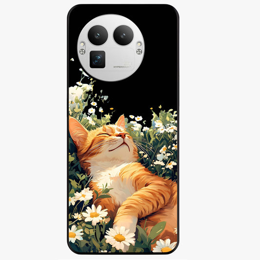 Blissful Bloom Cat Glass Case showing flat back view with cute cat and floral bloom artwork and glossy glass finish.