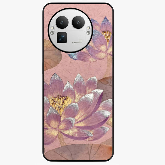 Blossom Mist Lotus Glass Case showing flat back view with serene lotus blossom artwork and glossy glass finish.