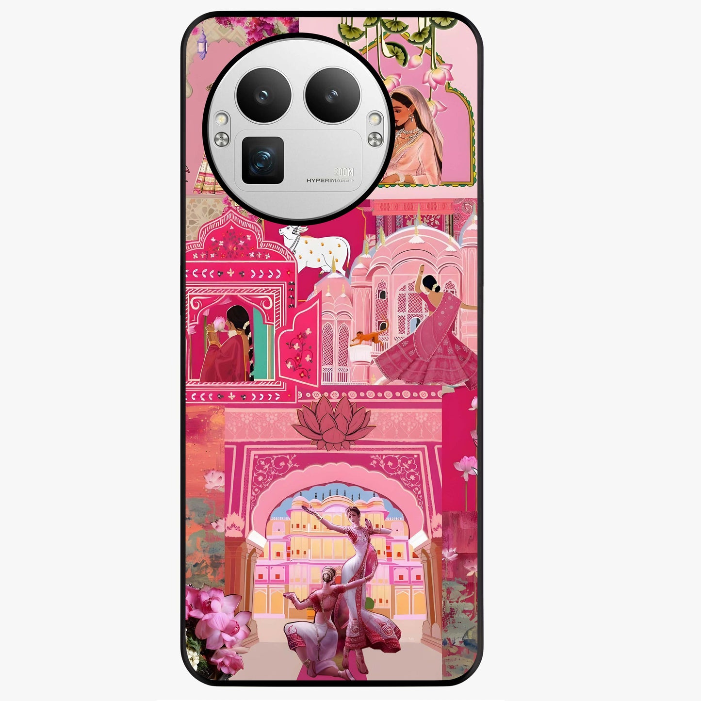 Blossoms of Rajasthan Glass Case showing flat back view with traditional floral artwork inspired by Rajasthan and glossy glass finish.