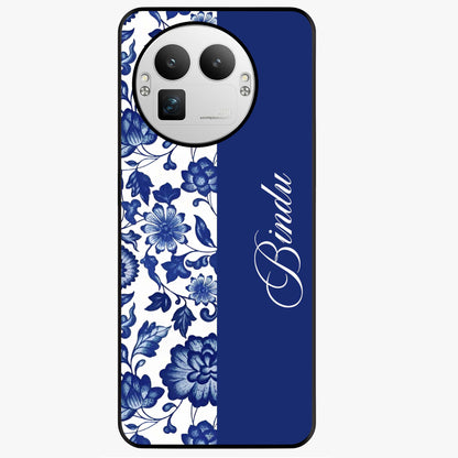 Blue Vintage Floral Pattern Glass Case upright view showcasing timeless floral illustration with vintage inspired style.
