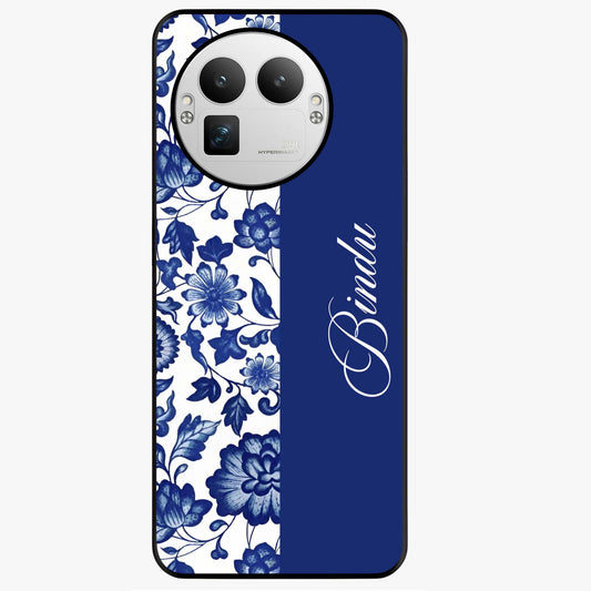 Blue Vintage Floral Pattern Glass Case upright view showcasing timeless floral illustration with vintage inspired style.