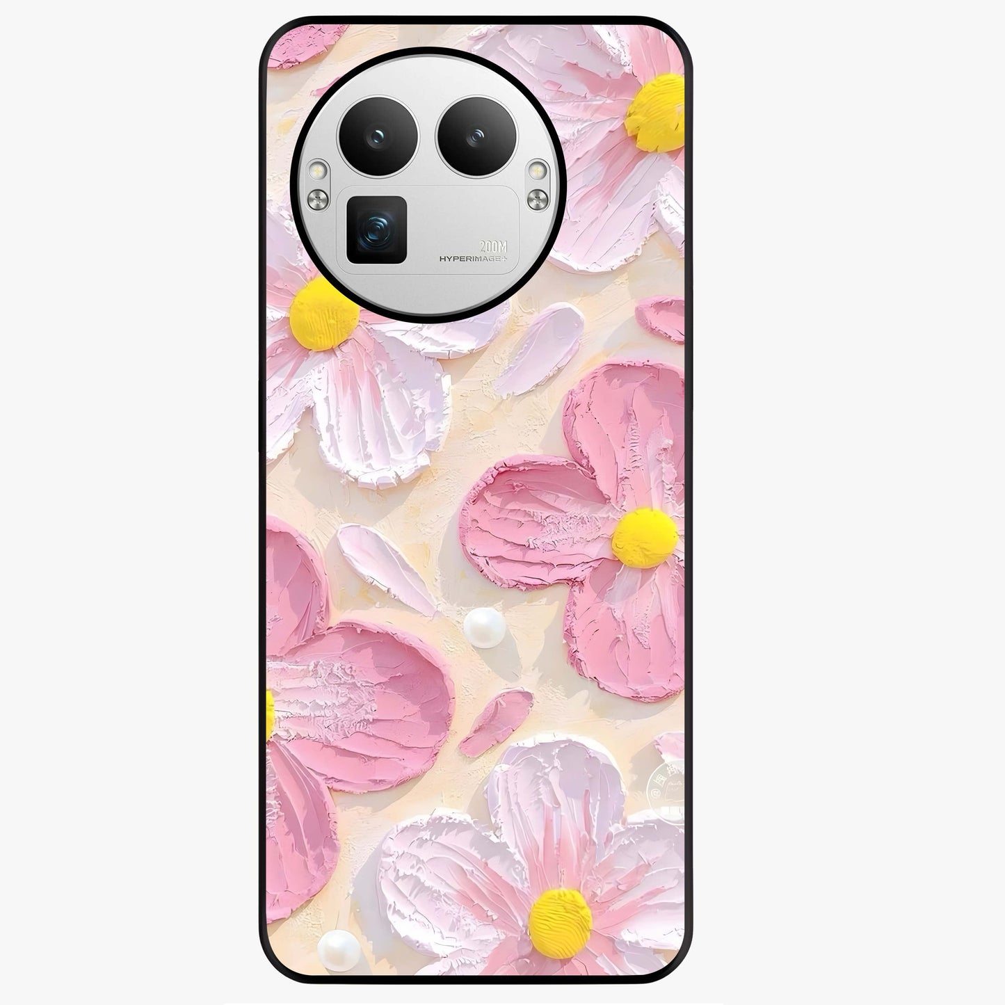 Blush Bloom Texture Glass Case showing flat back view with soft blush floral texture artwork and glossy glass finish.