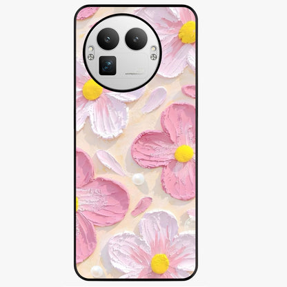 Blush Bloom Texture Glass Case showing flat back view with soft blush floral texture artwork and glossy glass finish.