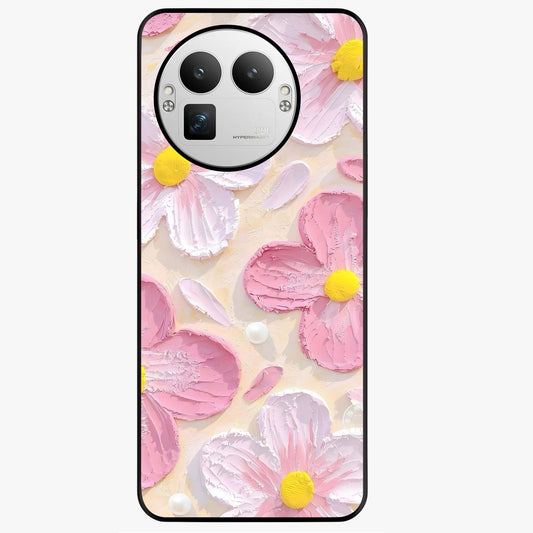 Blush Bloom Texture Glass Case showing flat back view with soft blush floral texture artwork and glossy glass finish.