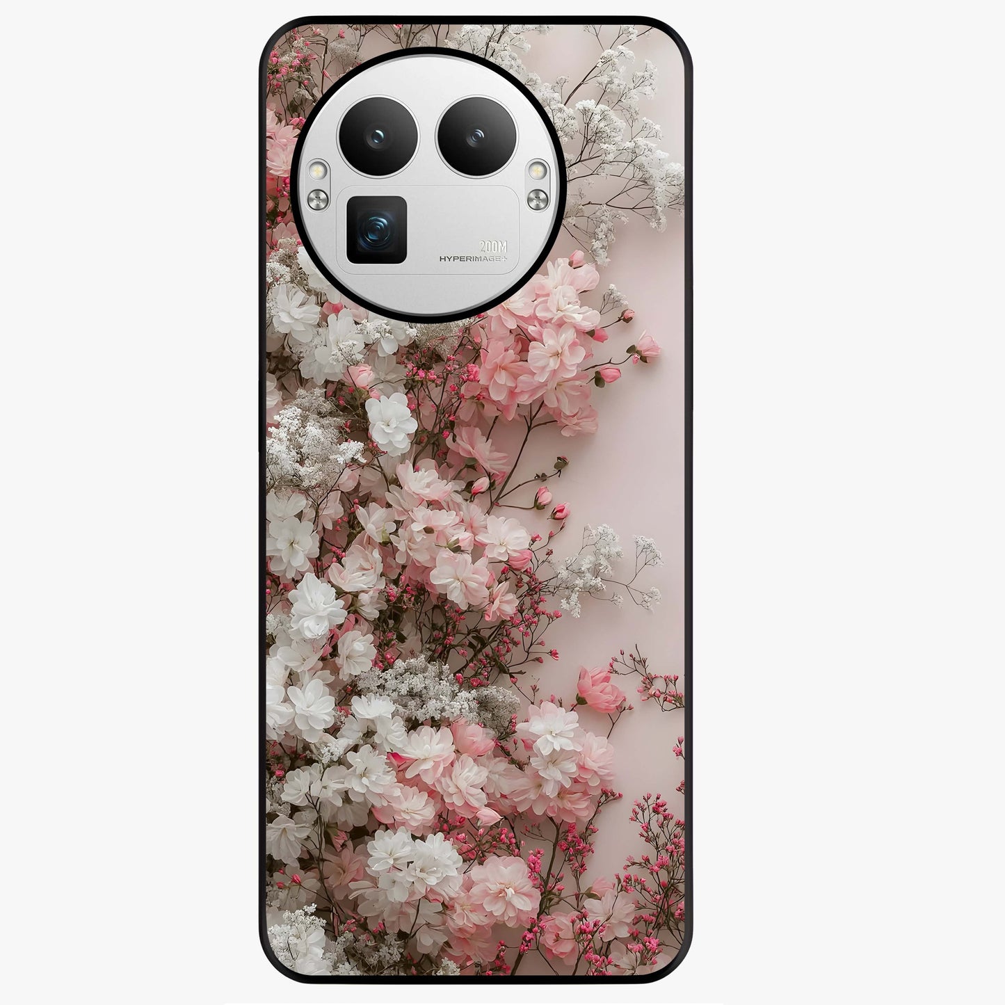 Blush Blossom Cloud Glass Case showing flat back view with dreamy blush cloud blossom artwork and glossy glass finish.