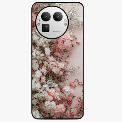 Blush Blossom Cloud Glass Case showing flat back view with dreamy blush cloud blossom artwork and glossy glass finish.