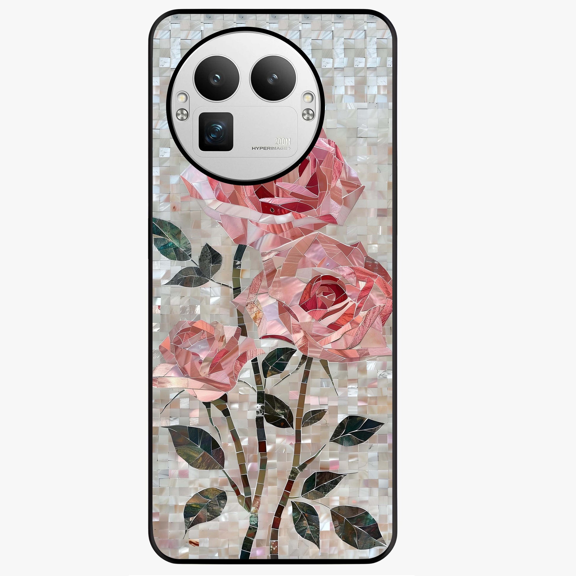 Blush Mosaic Bloom Glass Case showing flat back view with mosaic floral bloom artwork and glossy glass finish.