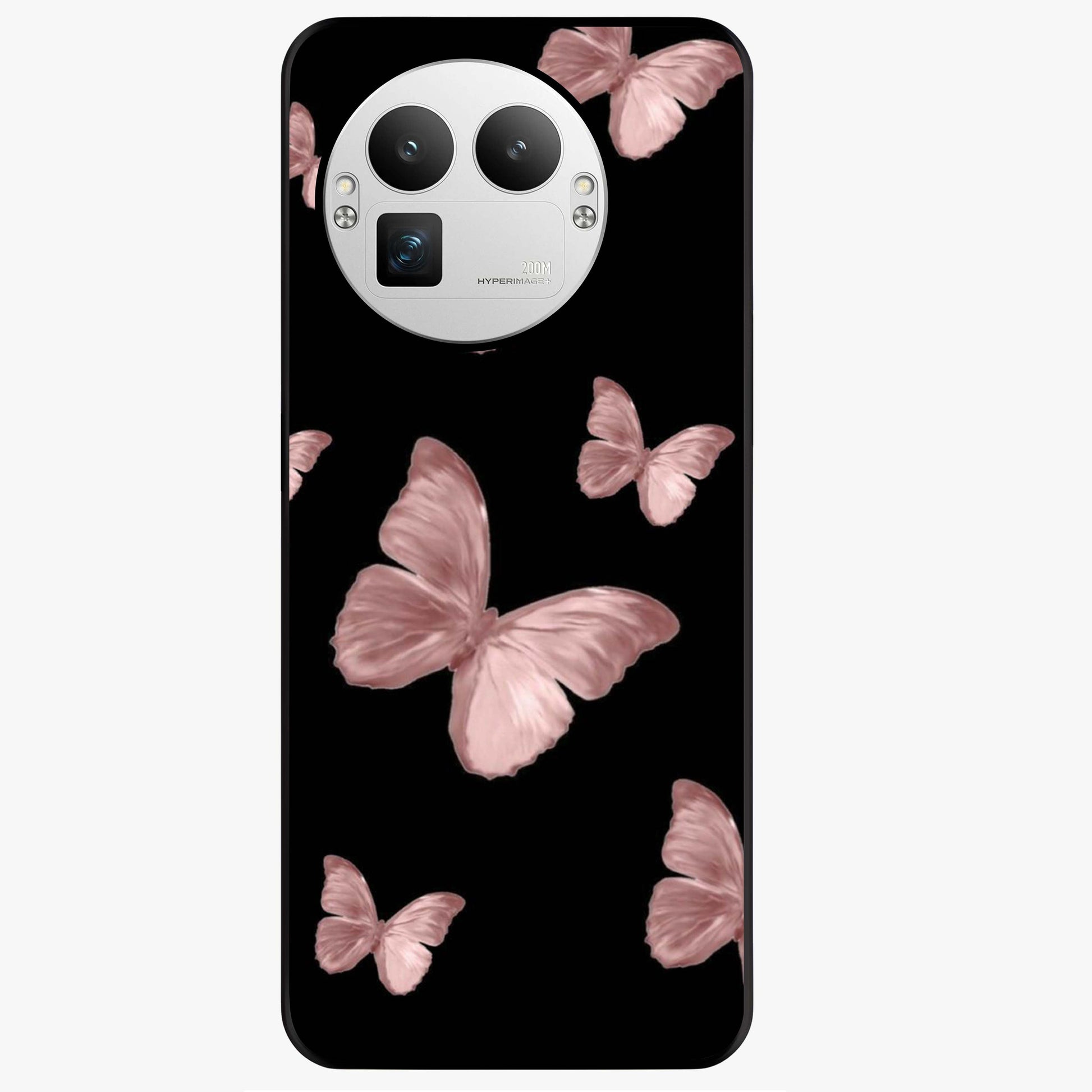 Butterfly Pattern Glass Case showing flat back view with elegant butterfly pattern artwork and glossy glass finish.