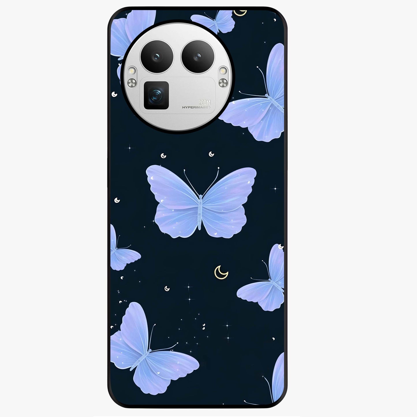 Butterfly With Stars Pattern Glass Case showing flat back view with butterfly and star pattern artwork and glossy glass finish.