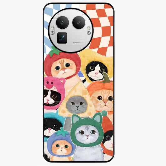 Cats in Fruits Glass Case showing flat back view with playful cat illustrations inside fruit artwork and glossy glass finish.