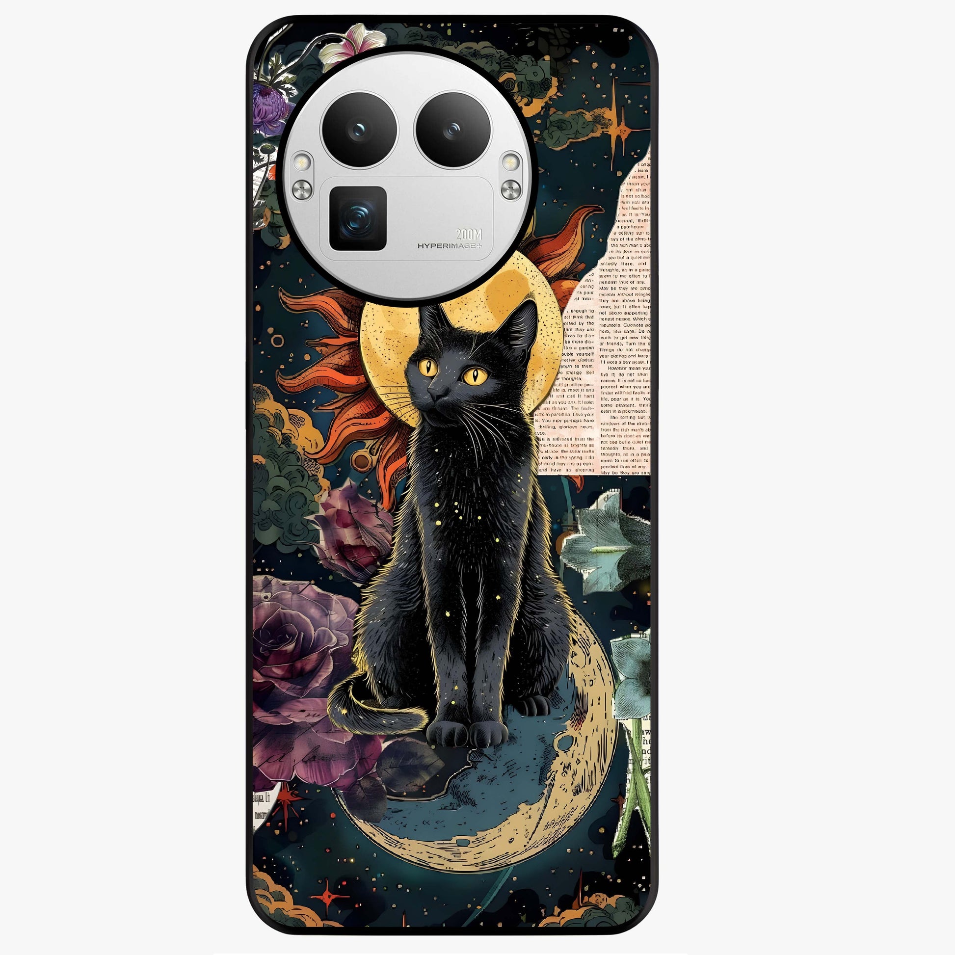 Celestial Black Cat Glass Case showing flat back view with mystical black cat artwork and glossy glass finish.