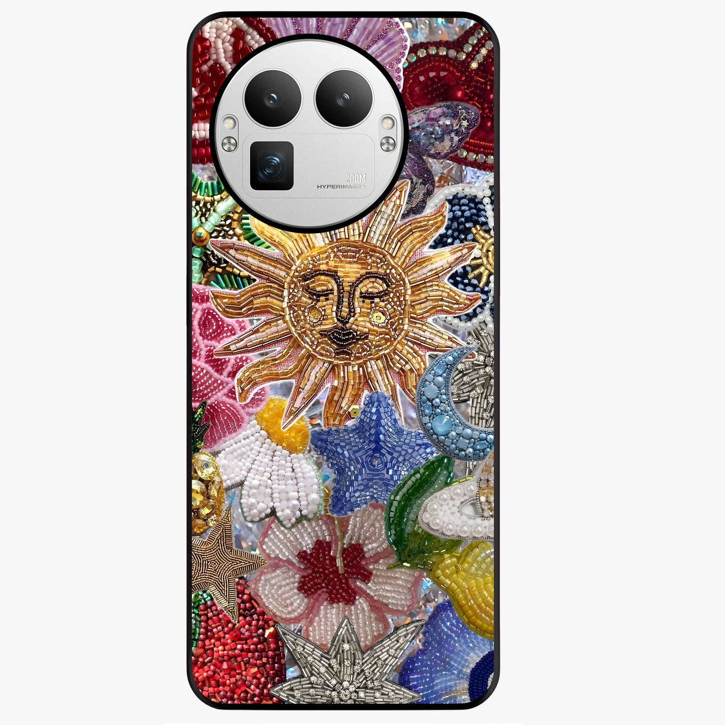Celestial Floral and Playful Glass Case showing flat back view with floral and celestial themed artwork and glossy glass finish.