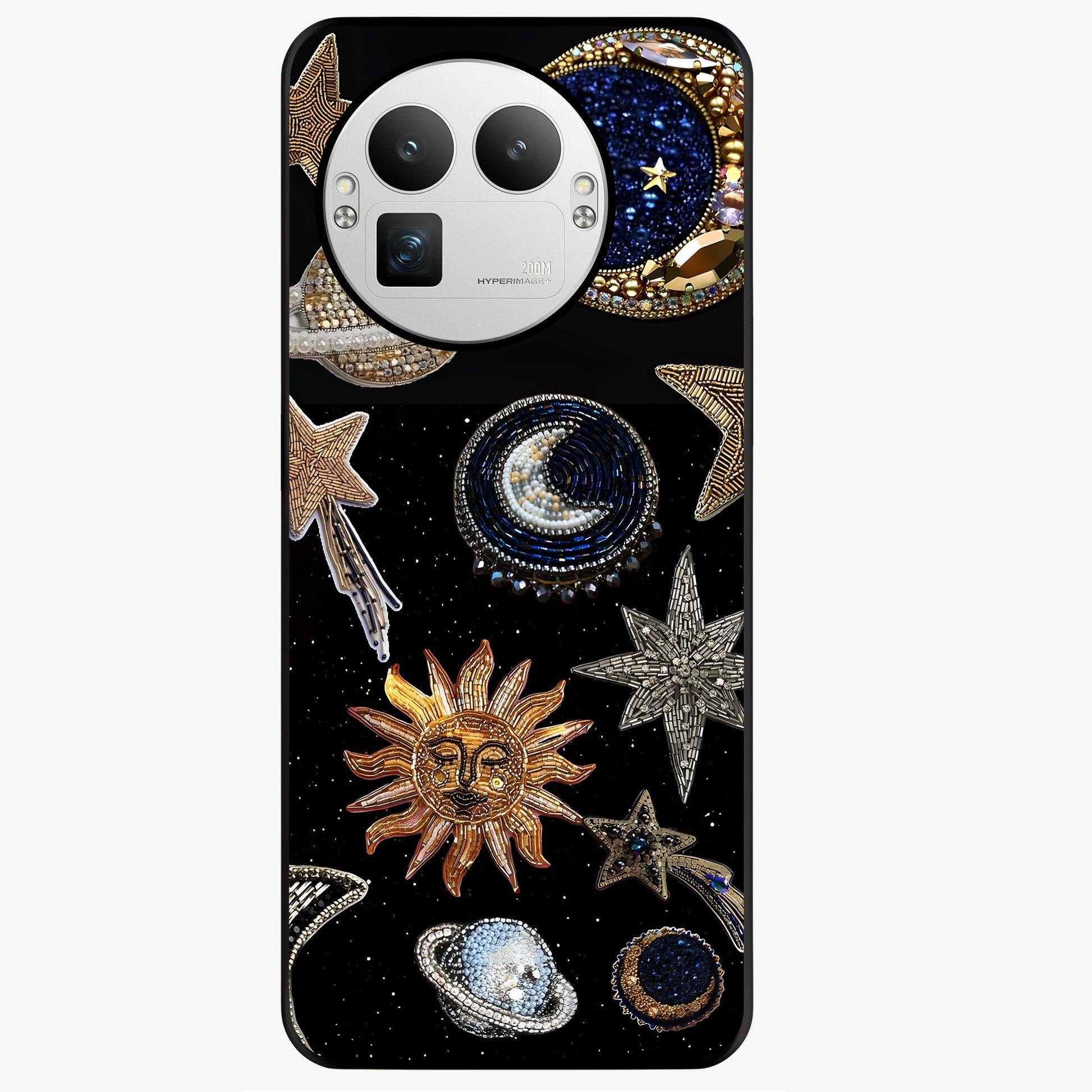Celestial Gem Constellations Glass Case showing flat back view with sparkling constellation artwork and glossy glass finish.