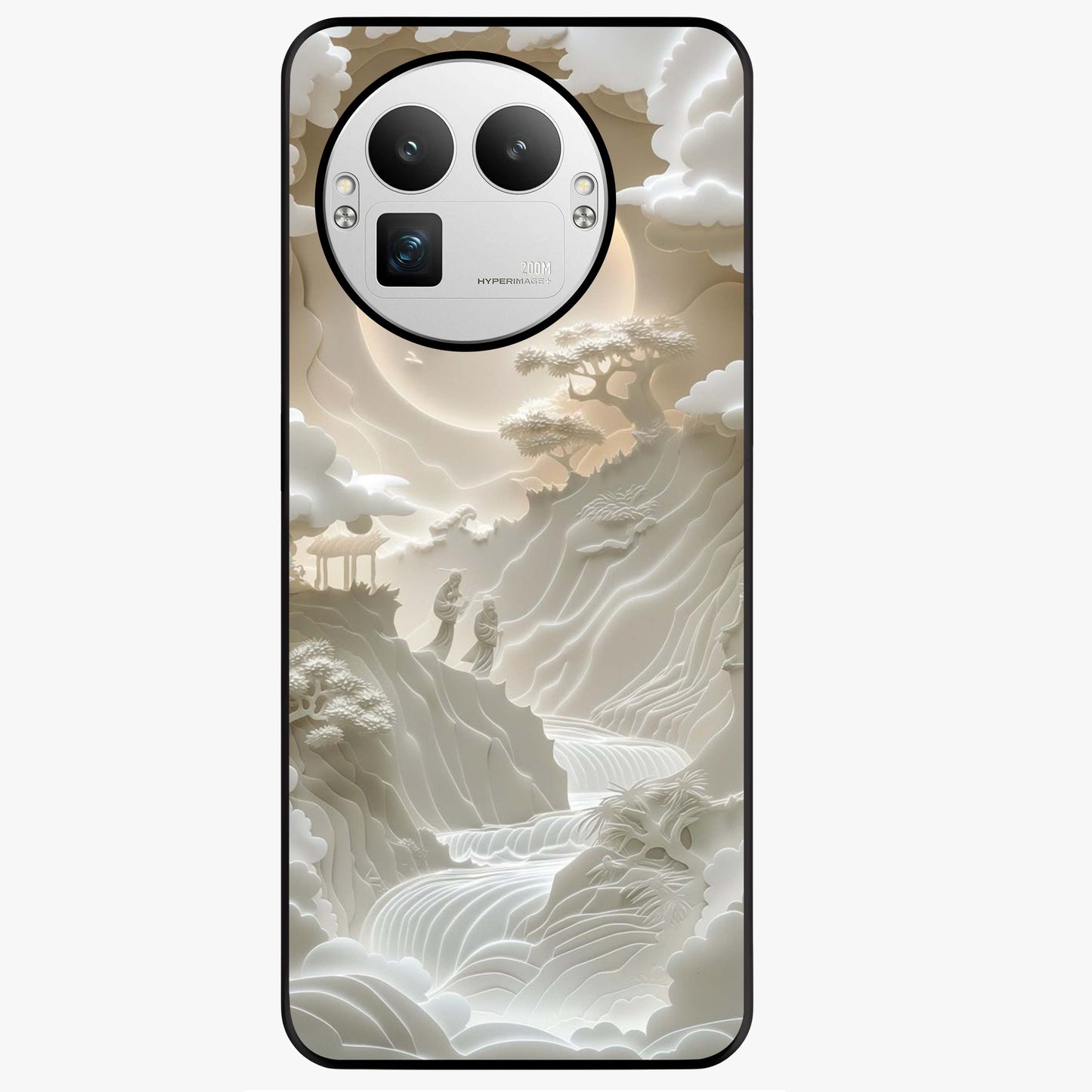 Celestial Origami Glass Case showing flat back view with artistic origami inspired celestial artwork and glossy glass finish.