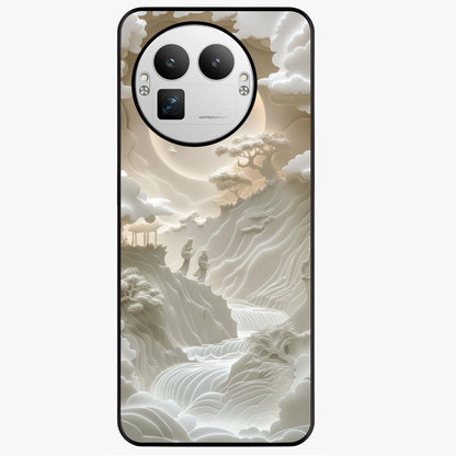 Celestial Origami Glass Case showing flat back view with artistic origami inspired celestial artwork and glossy glass finish.
