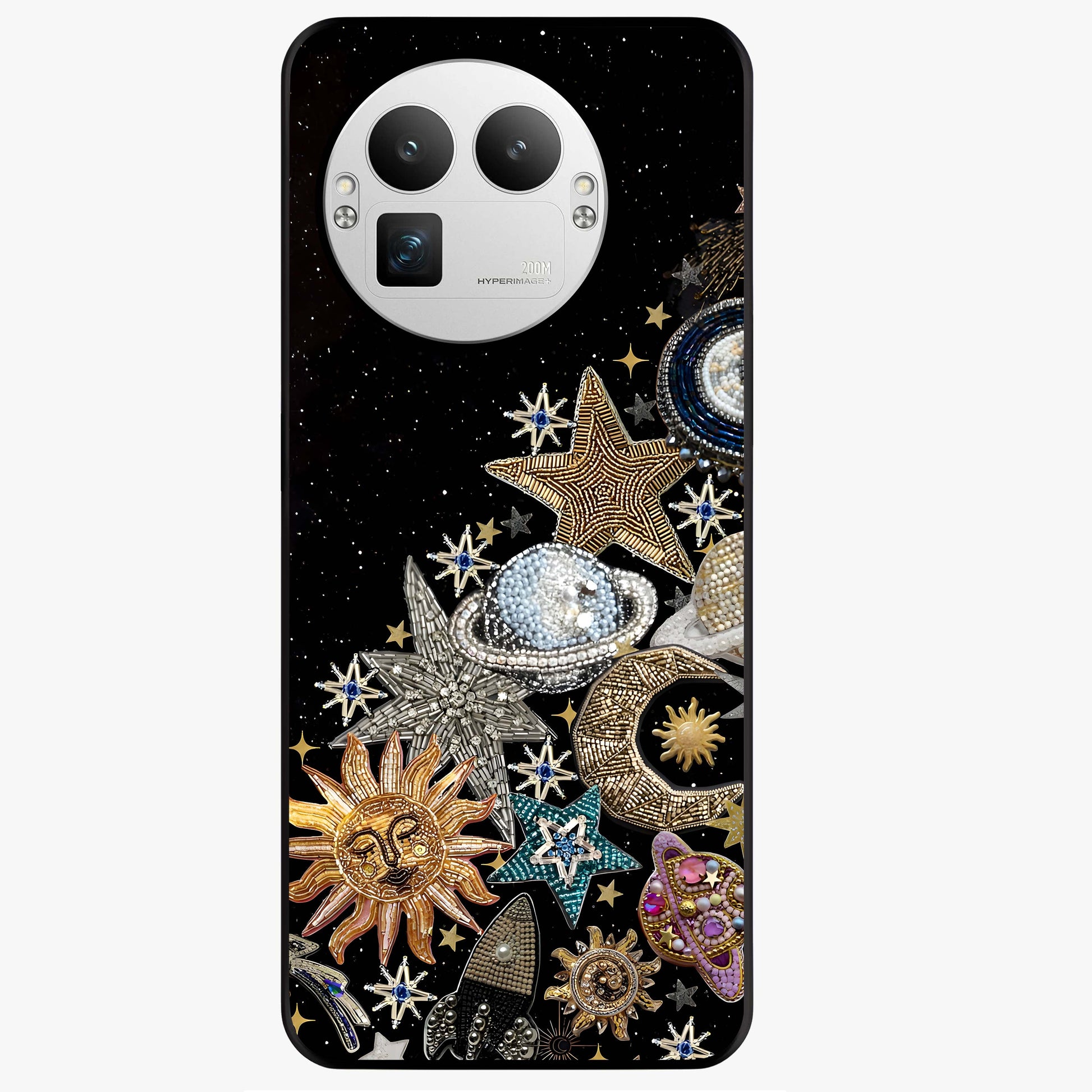 Cosmic Sparkle Dreams Glass Case showing flat back view with sparkling cosmic artwork and glossy glass finish.