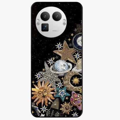 Cosmic Sparkle Dreams Glass Case showing flat back view with sparkling cosmic artwork and glossy glass finish.