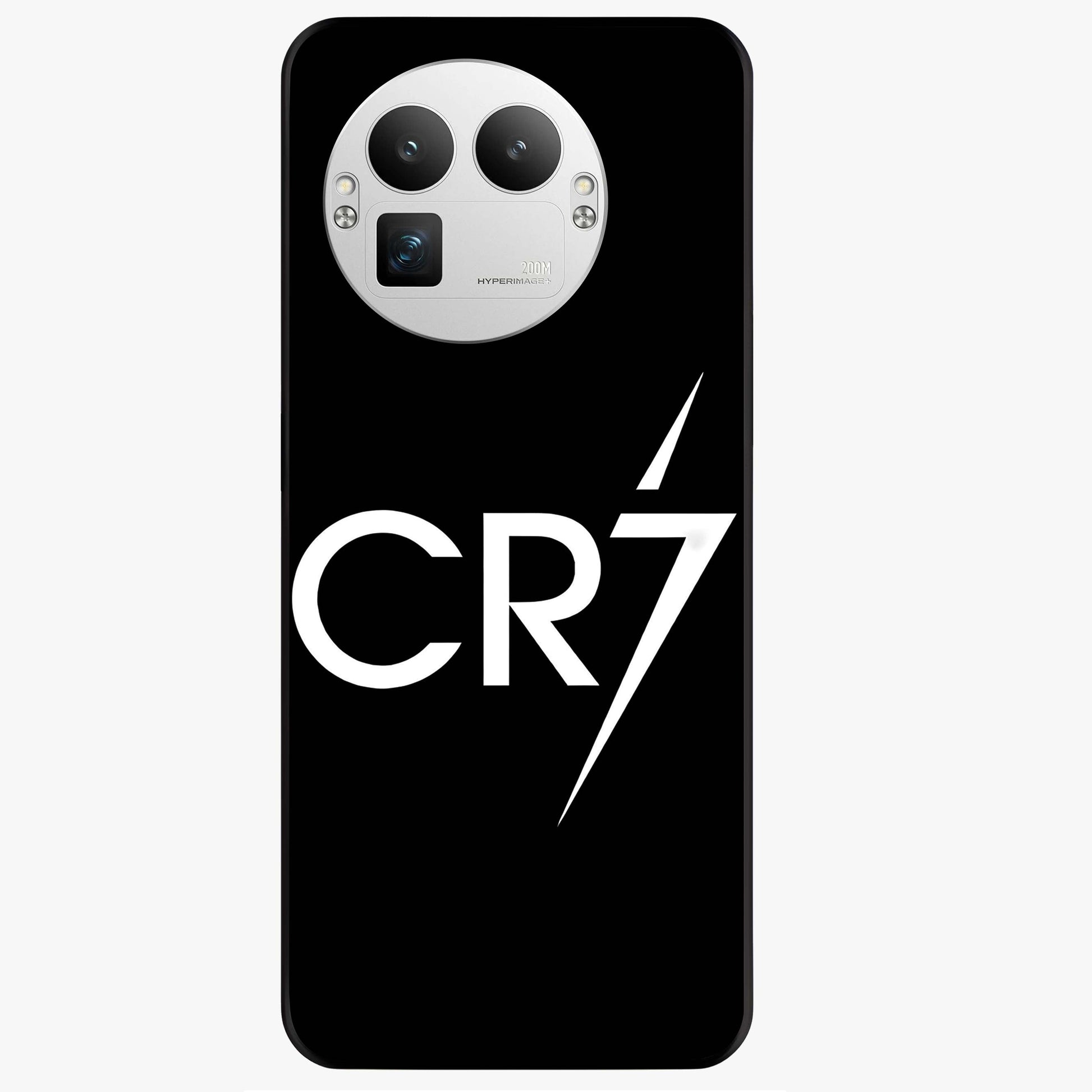 Cr7 Elite Strike Glass Case showing flat back view with dynamic football inspired artwork and glossy glass finish.