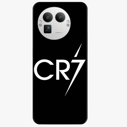 Cr7 Elite Strike Glass Case showing flat back view with dynamic football inspired artwork and glossy glass finish.