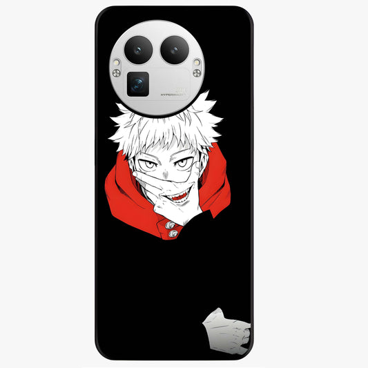 Crimson Chaos Smile Glass Case showing flat back view with bold chaotic smile artwork and glossy glass finish.