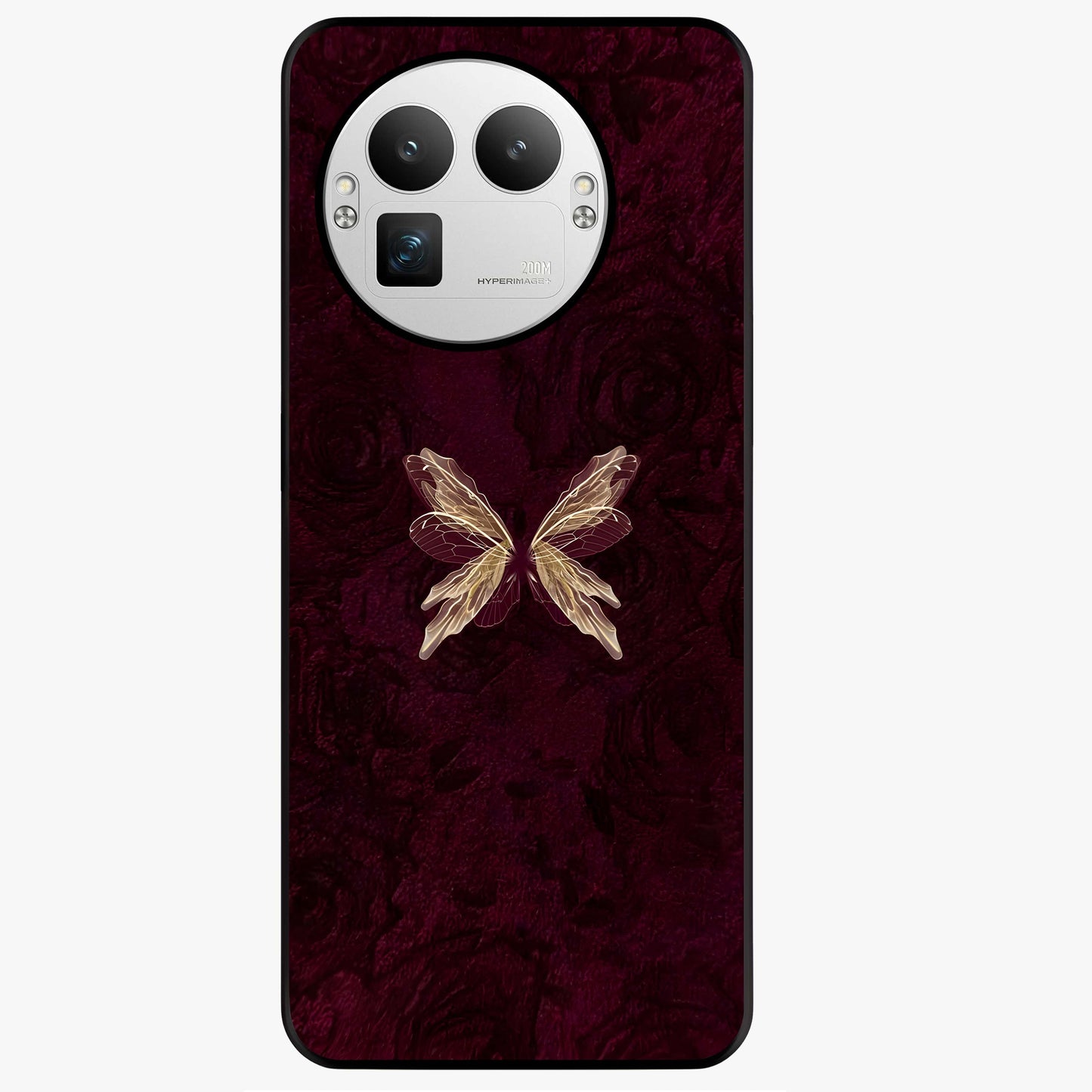 Crimson Fade Butterfly Glass Case showing flat back view with fading butterfly artwork and glossy glass finish.
