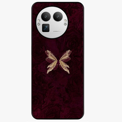 Crimson Fade Butterfly Glass Case showing flat back view with fading butterfly artwork and glossy glass finish.